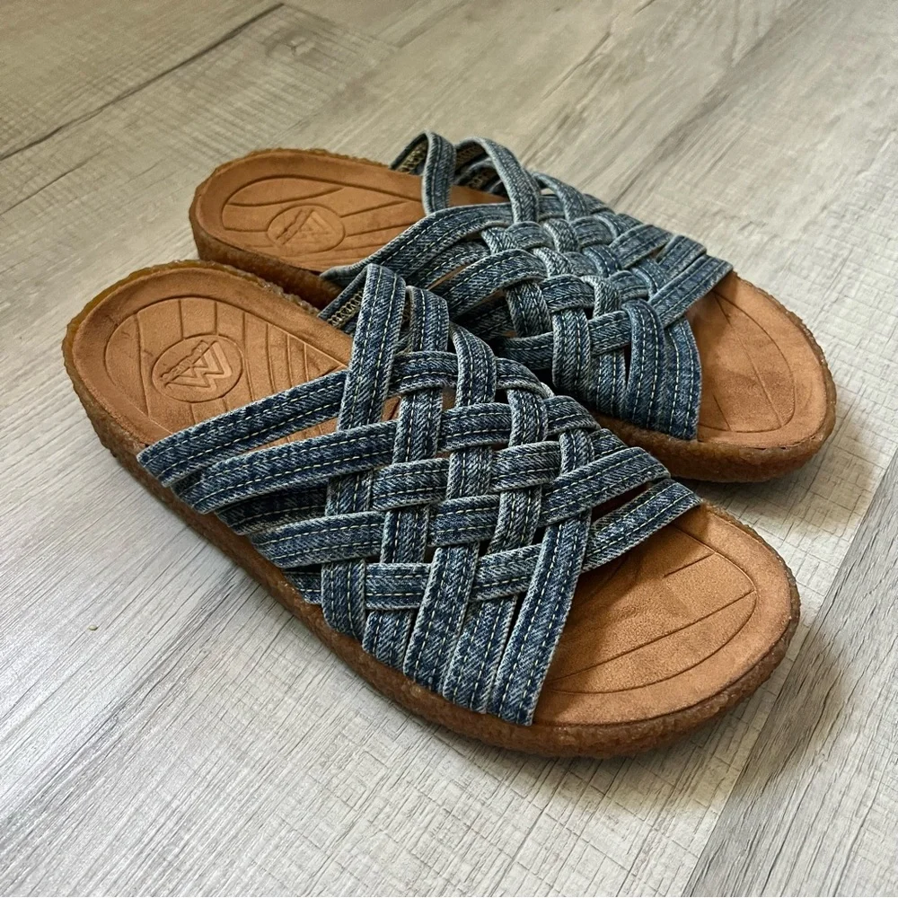 orSlow x MALIBU SANDALS Zuma Washed Indigo Denim Crepe Blue Woven Slide Sandals